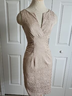 Sleeveless Textured V-Neck Sheath Dress  Blush Kay Unger Rouching Flattering 2